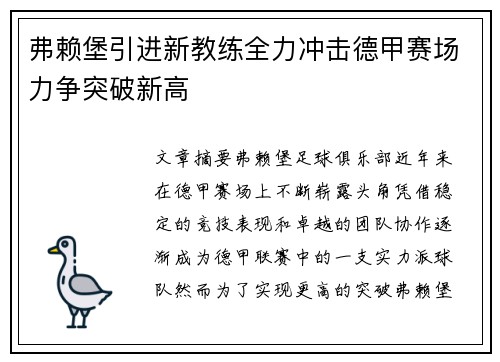 弗赖堡引进新教练全力冲击德甲赛场力争突破新高