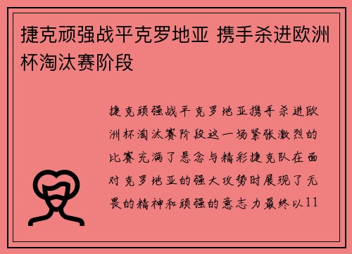 捷克顽强战平克罗地亚 携手杀进欧洲杯淘汰赛阶段